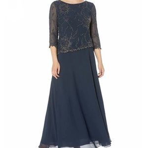 NWT J Kara Beaded 3/4 Sleeves Navy Blue Ball Gown Dress Size 8 $269